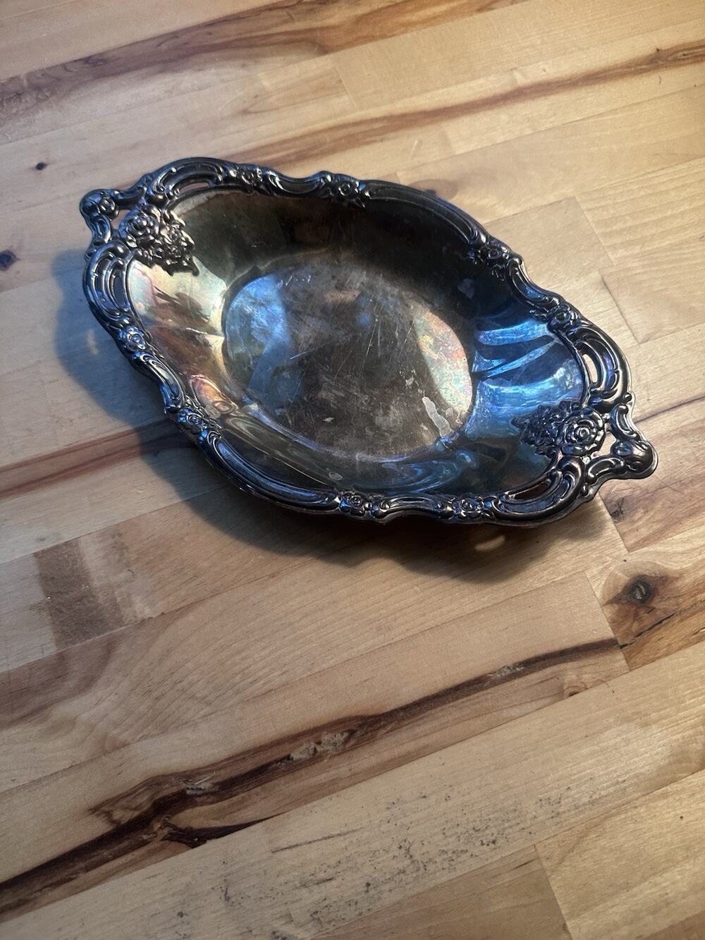 Vintage Cornwall Silver Plate Bon Bon Dish Oval Candy Bowl Floral Rose Trim